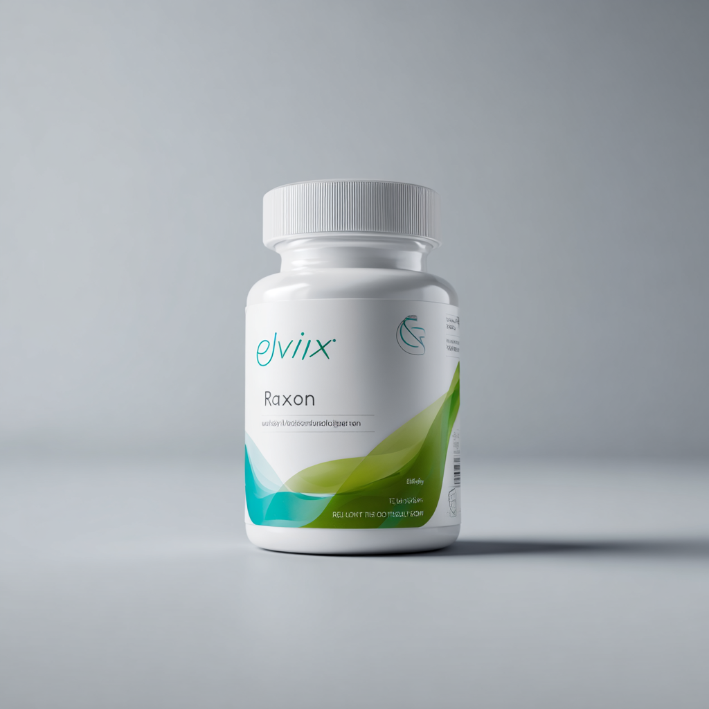 Raxon prírodný doplnok stravy v modernom balení s bylinkami pre mužskú vitalitu, realistický štýl produktovej fotografie